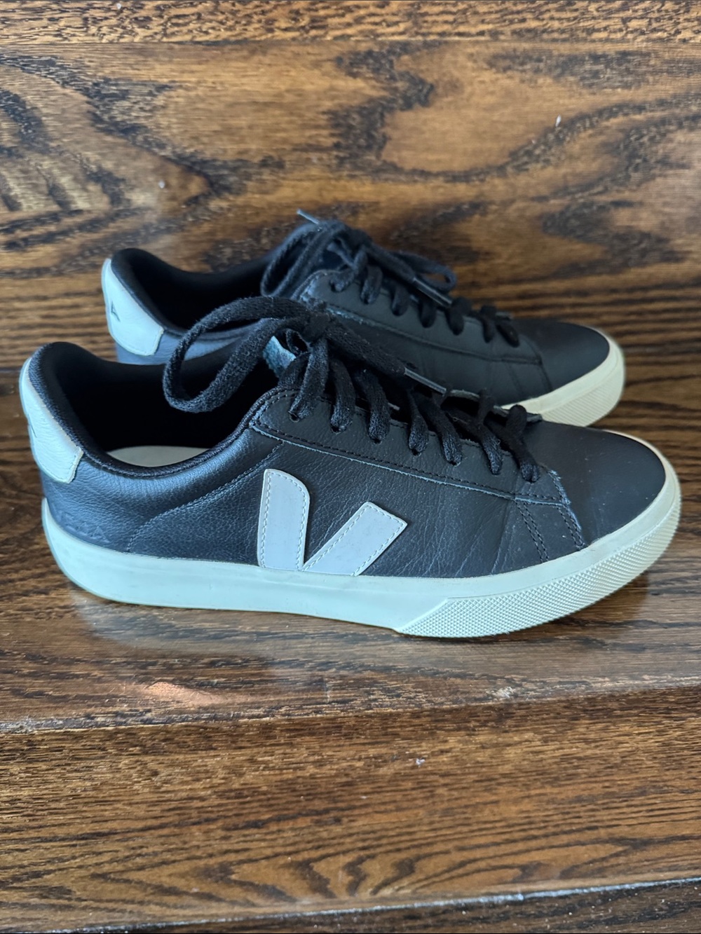 Veja Black Leather Low-Top Sneakers with White Accents